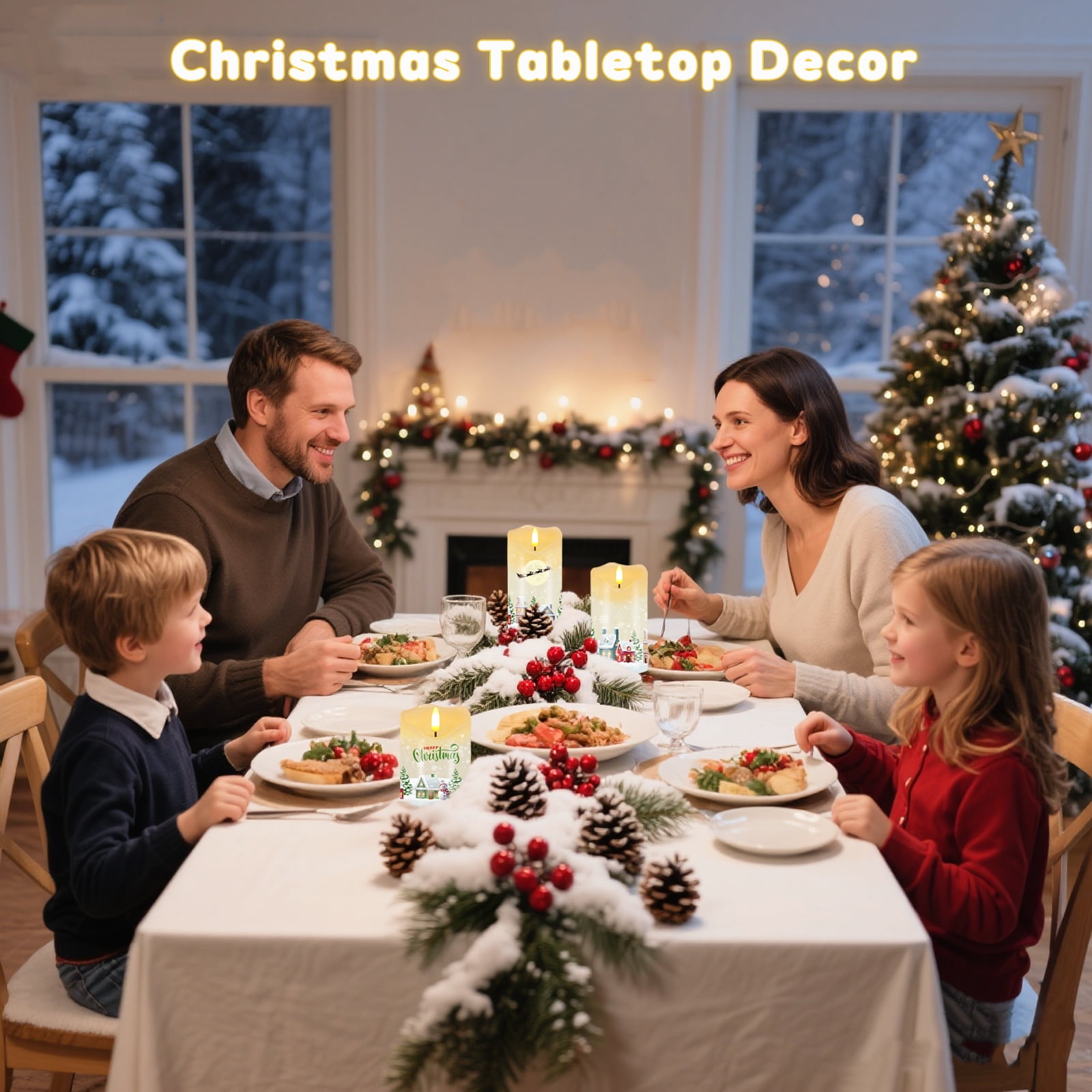 Christmas Flameless Candles, Set of 3 Flickering LED Candles with Remote & Timer, Dimmable Real Wax Electric Pillar Candles Battery Operated for Home Christmas Decor