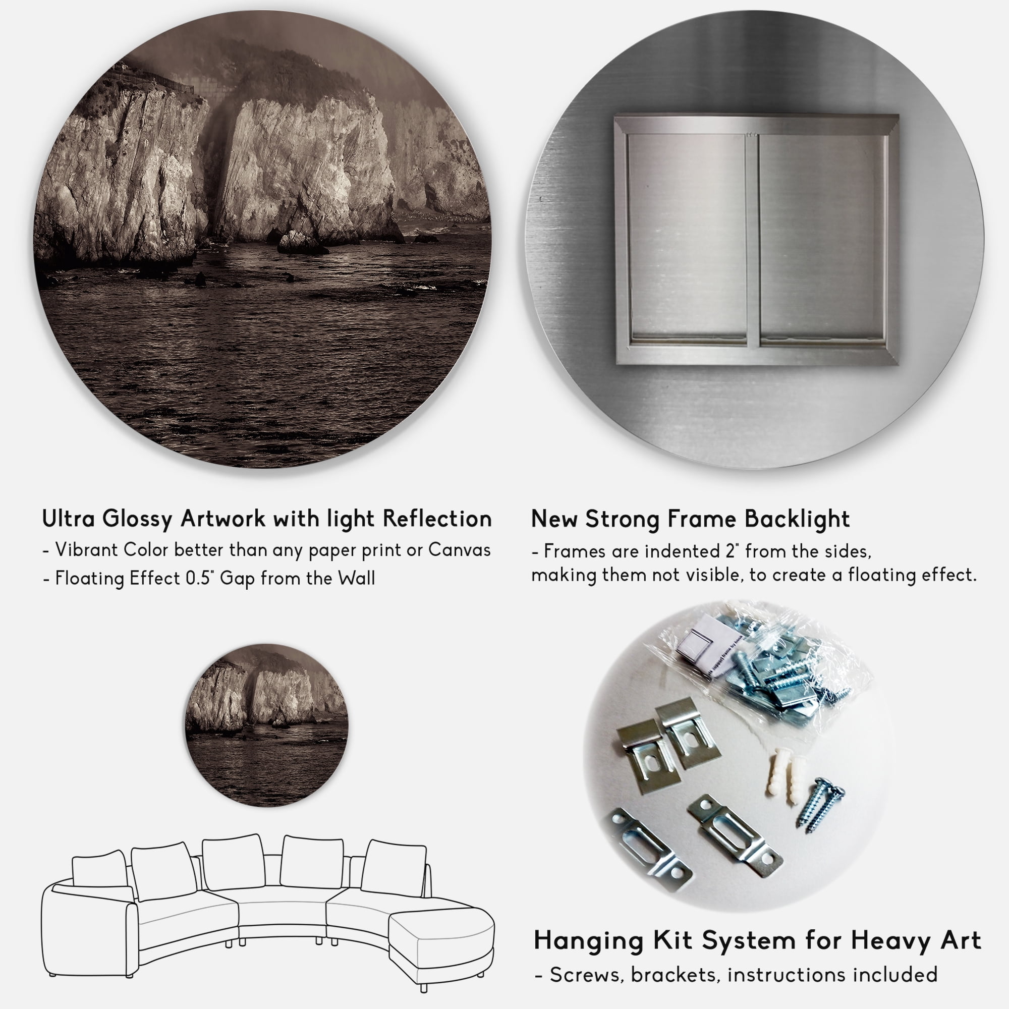 Designart 'Gold Cliffs Over Sea In The Fog' Modern Circle Metal Wall Art 29x29 - Disc of 29