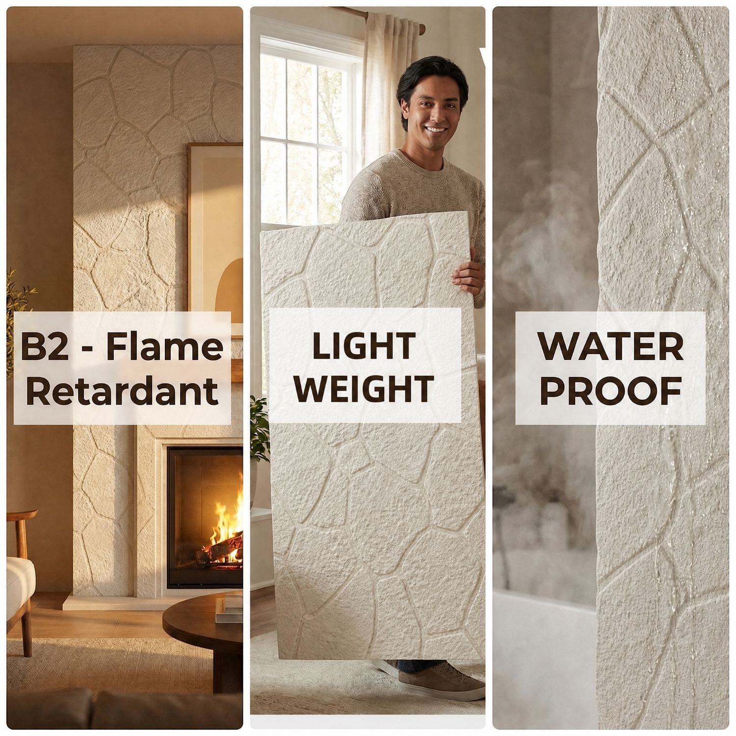 Easy4Home 4Pcs 48"x24" 3D Faux Stone Wall Panels Imitation Decorative Wall Tiles for Interior Wall Decor, Ivory White