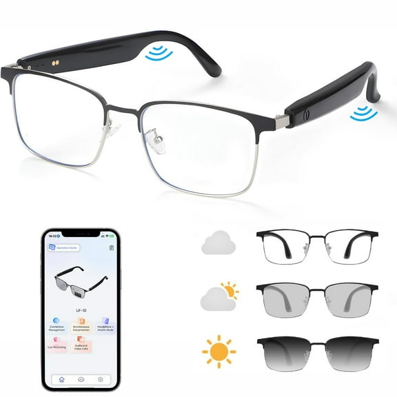 Wiher Smart Glasses with AI Translation, Bluetooth Audio Sunglasses with Photochromic Lenses, Voice Assistant, Real-Time Translation, Supports 144  Languages, Great for Business, Travel Silver