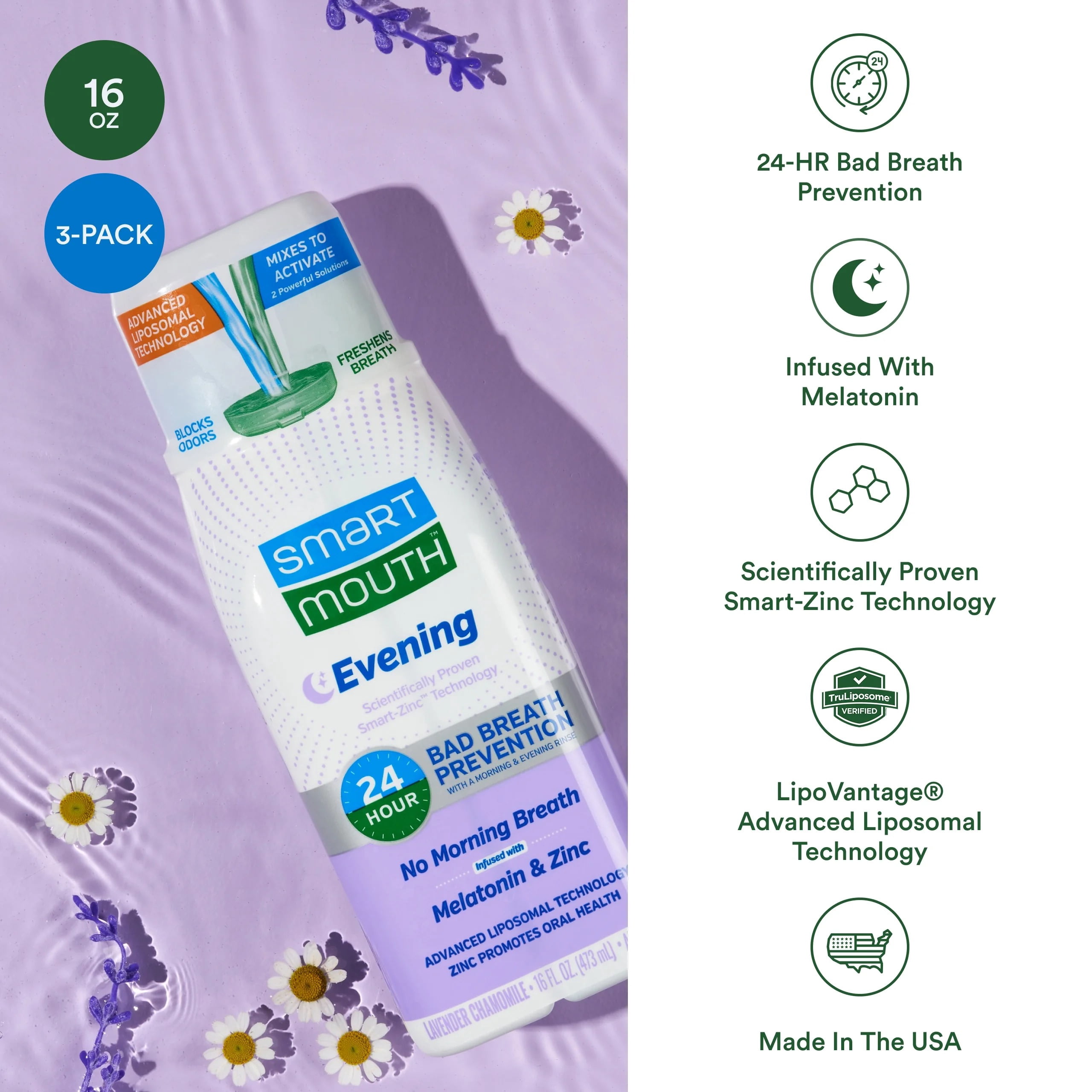 SmartMouth Advanced Liposomal Evening Mouthwash - No Morning Breath - Melatonin & Zinc - Dual-Solution Zinc-Activated Nighttime Mouthwash - Lavender & Chamomile - Alcohol Free - 16 fl oz, 3-Pack