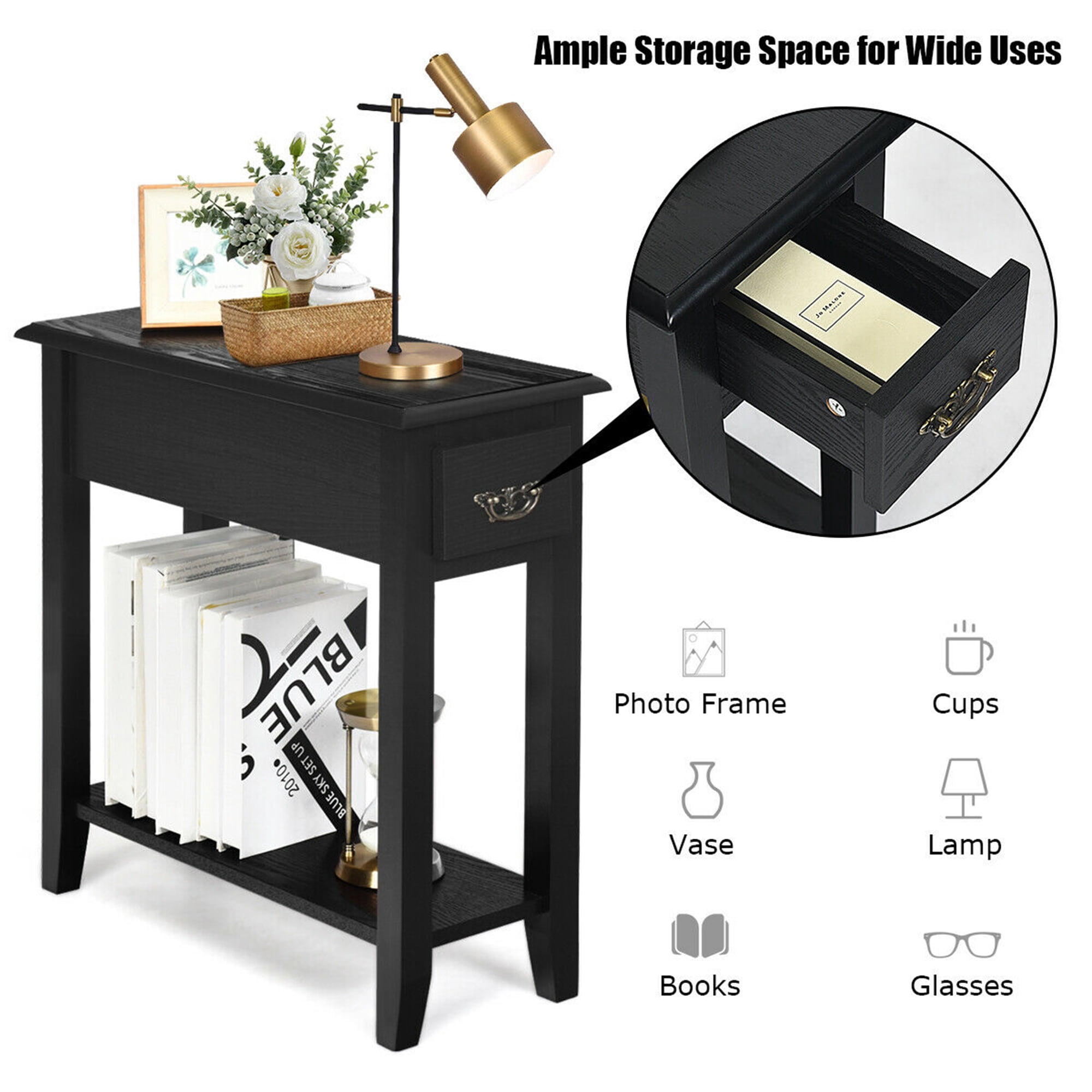 Gymax Set of 2 Nightstand 2-Tier Side Table End Bedside Sofa with Drawer & Shelf, Black