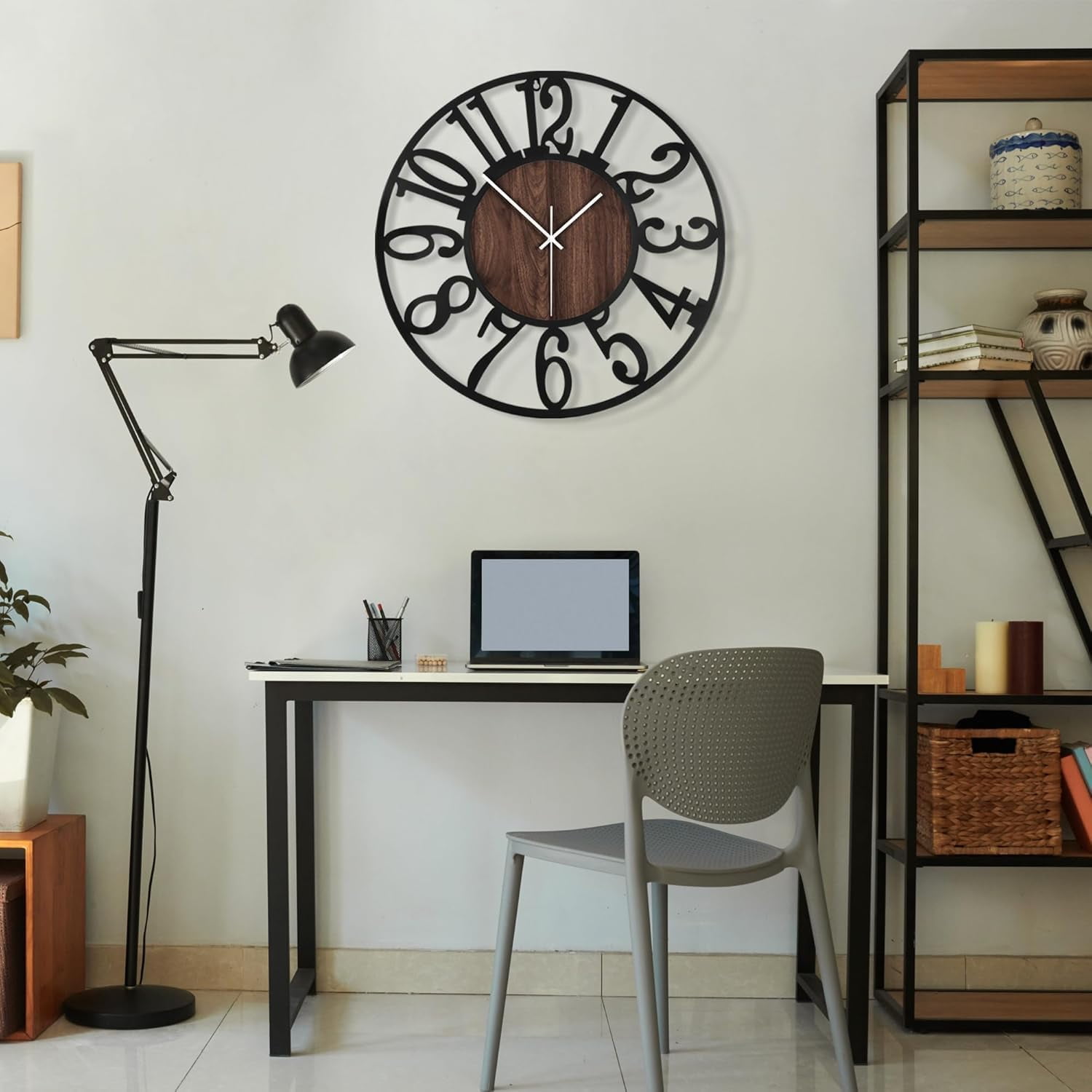 Large Round Wall Clock for Living Room Decor Battery Operated Non Ticking Black Metal Wood Clocks for Home Living Room Garden Farmhouse Office Kitchen Decoration -24 inch