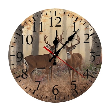 Whitetail Deer Buck Round Wooden Wall Clock, Silent Non-Ticking Decor Clock for Home Multi Room Use