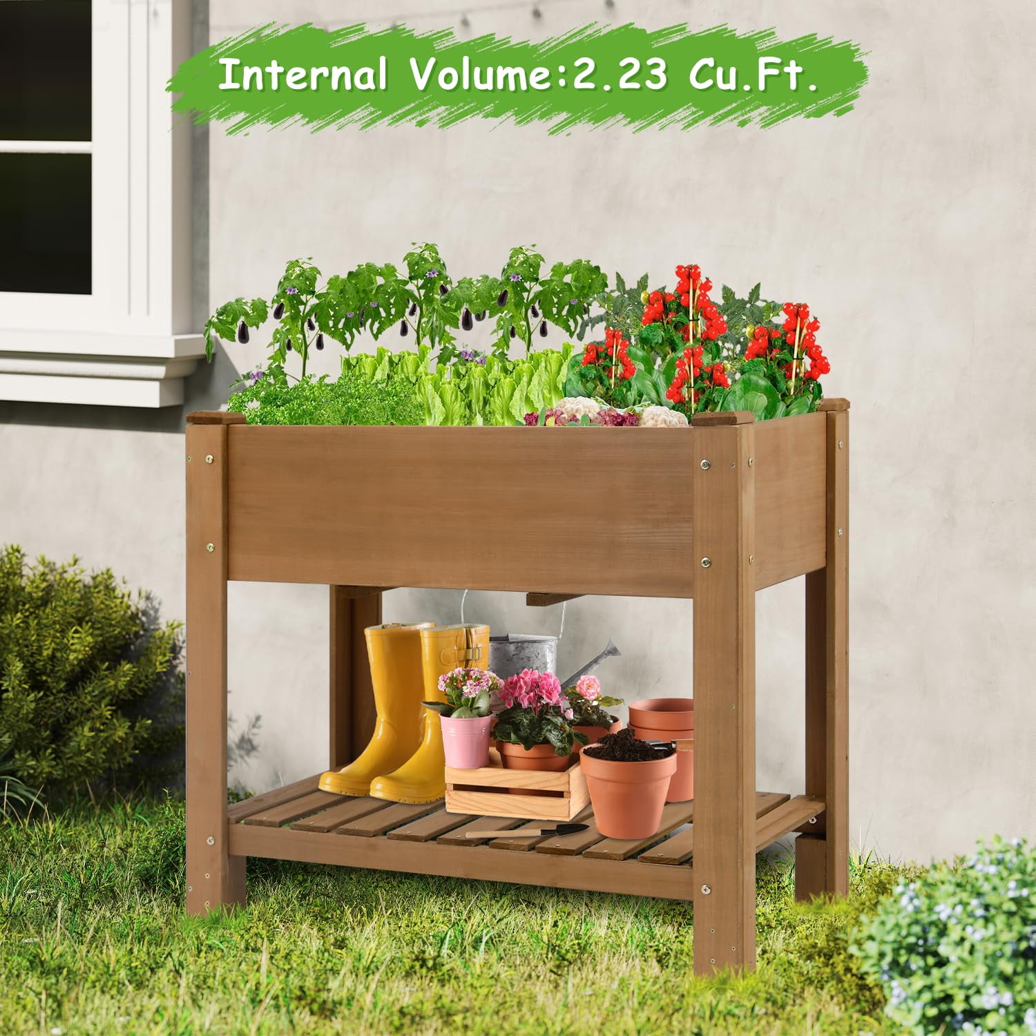 PETSCOSSET Elevated Planter Box with Storage Shelf, Solid Wood, Drainage Holes, 33 Inch