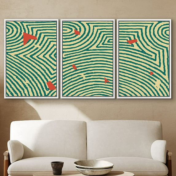 PixonSign Framed Wall Art Print Set Green Geometric Maze with Red Flakes Abstract Shapes Illustrations Modern Art Chic Relax/Calm Multicolor Pastel for Living Room, Bedroom, Office - 16"x24"x3 White