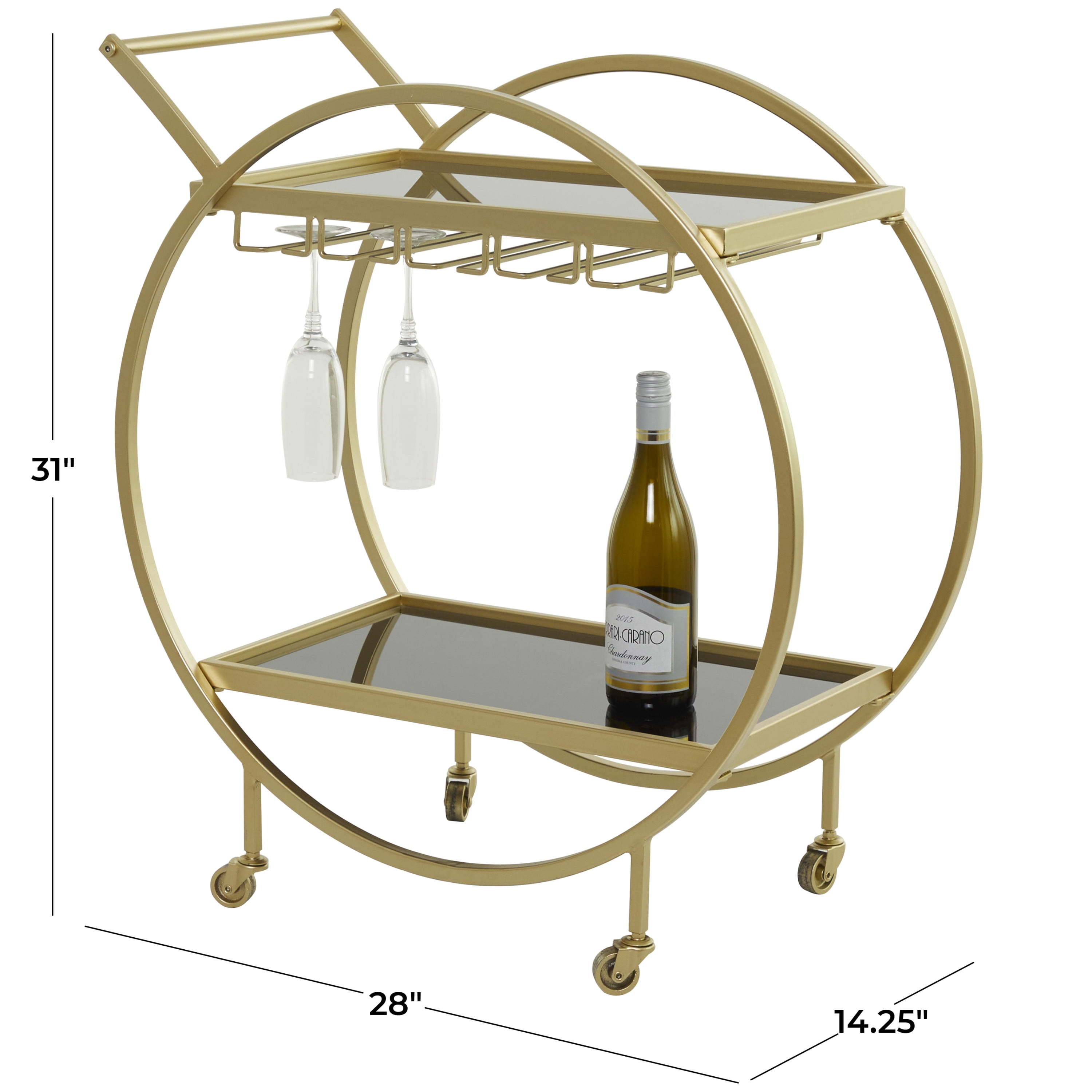 DecMode 28" x 31" Rose Gold Metal Rolling 2 Mirrored Shelves Bar Cart with Wine Glass Storage and Handle, 1-Piece