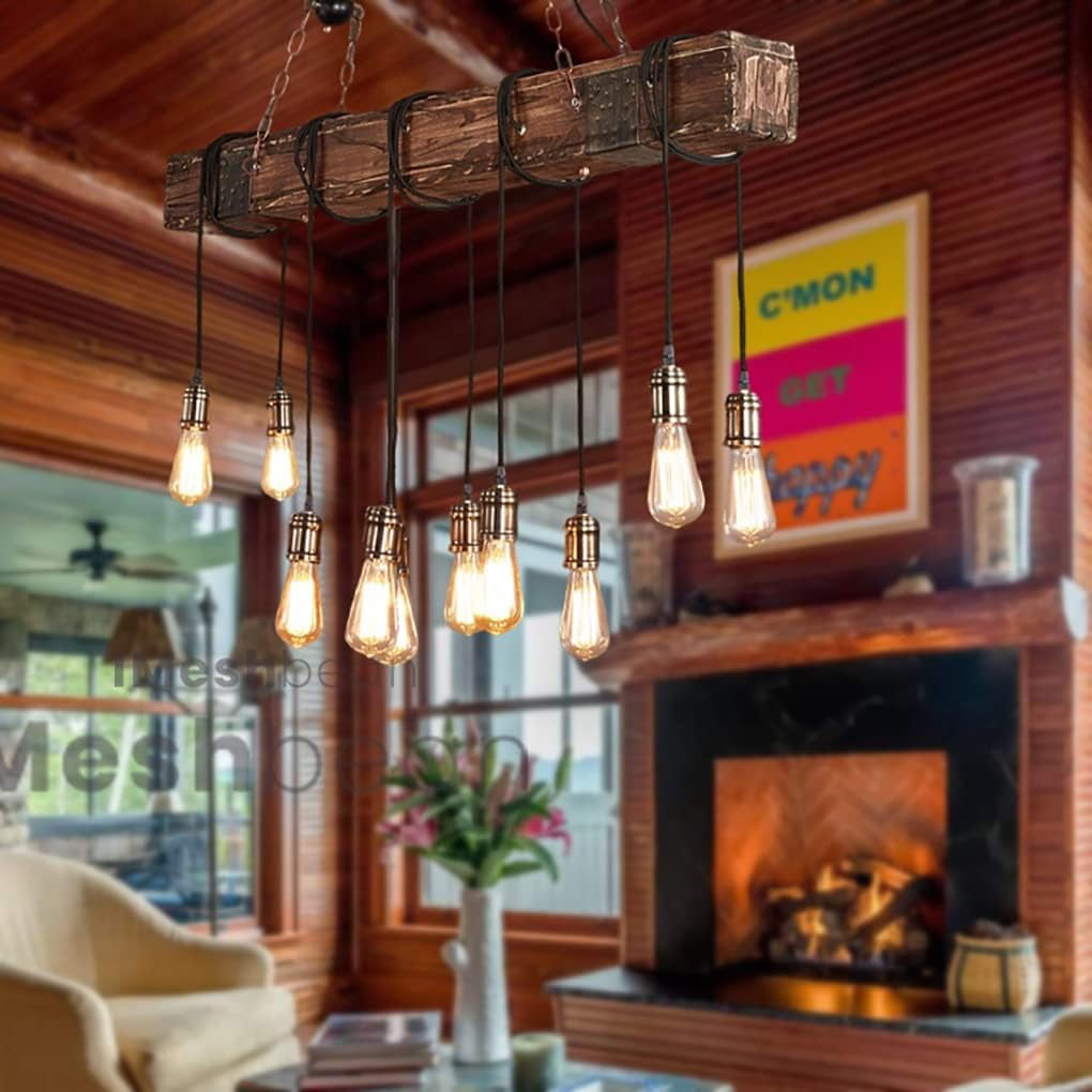 iMeshbean Wood Chandelier 10 Lights Wooden Retro Rustic Pendant Light Industrial Chandelier Wood Ceiling Light Fixture for Dining Table Kitchen Island Bar Billiard Pool Table (10 Heads)