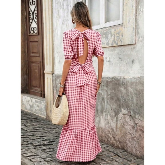 Red Gingham Woven Maxi Dress With Puff Sleeves, Open Back Bow Detail And Ruffle Hem