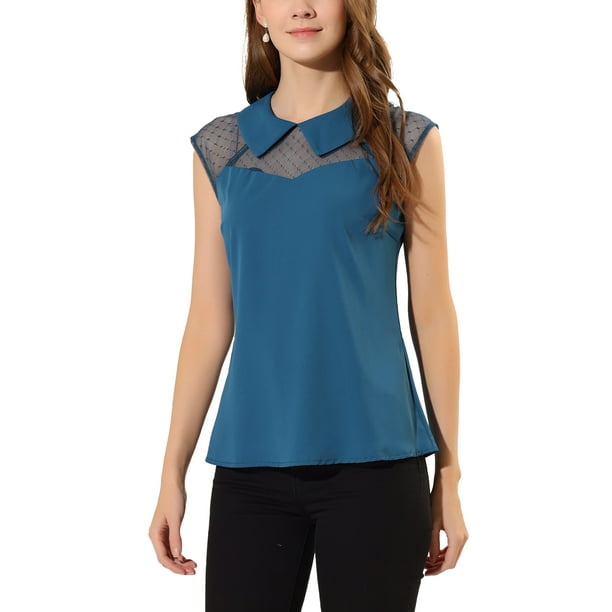 INSPIRAR CHIC Blusa de manga corta con cuello Peter Pan para mujer en azul pavo real