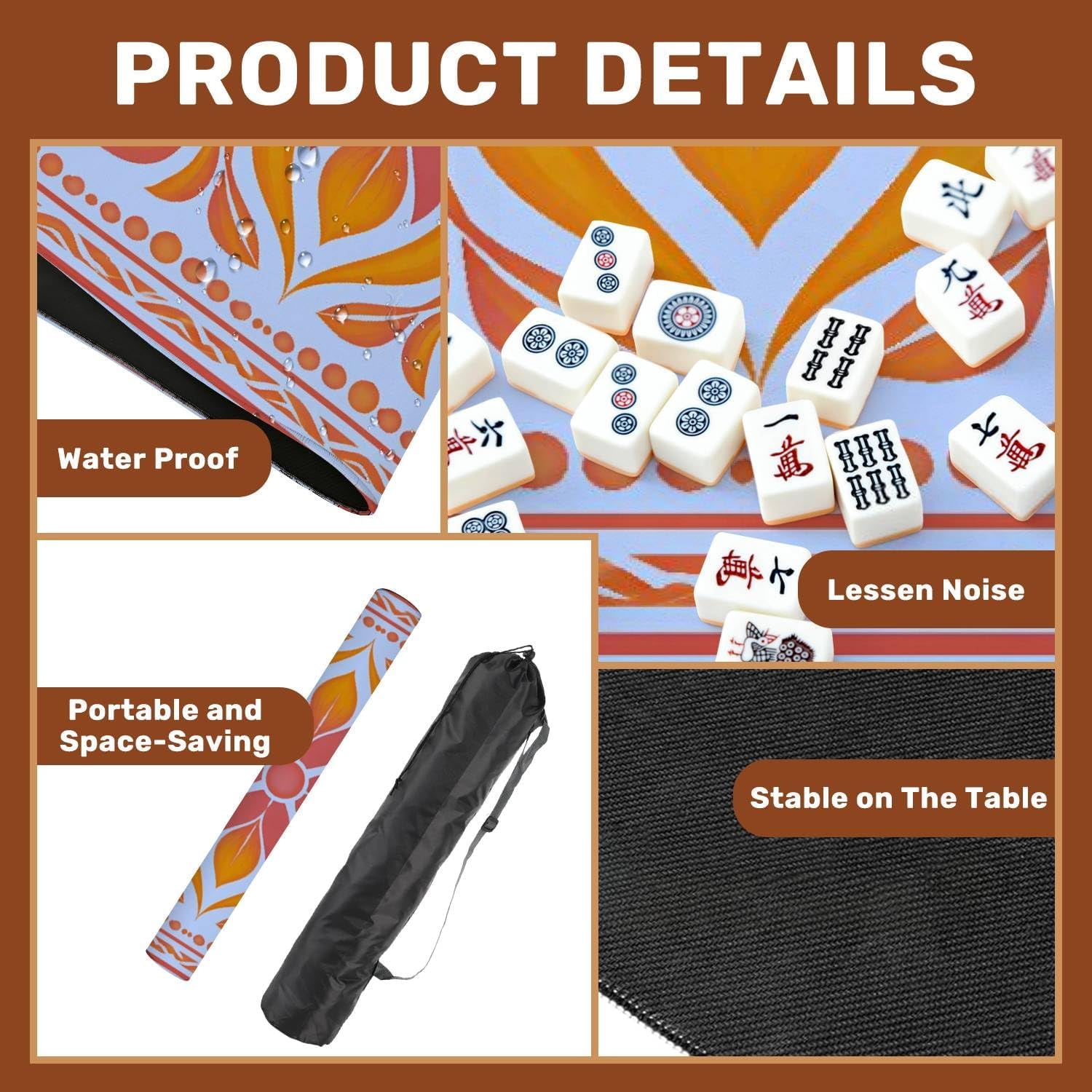 Mahjong Mat with Carrying Bag 31.5" x 31.5" Non-Slip Noise Reduction Floral Mandala Geometric Warm Orange Coral Symmetry Table Mat for Mahjong Poker Dominoes Card Board Tile Games