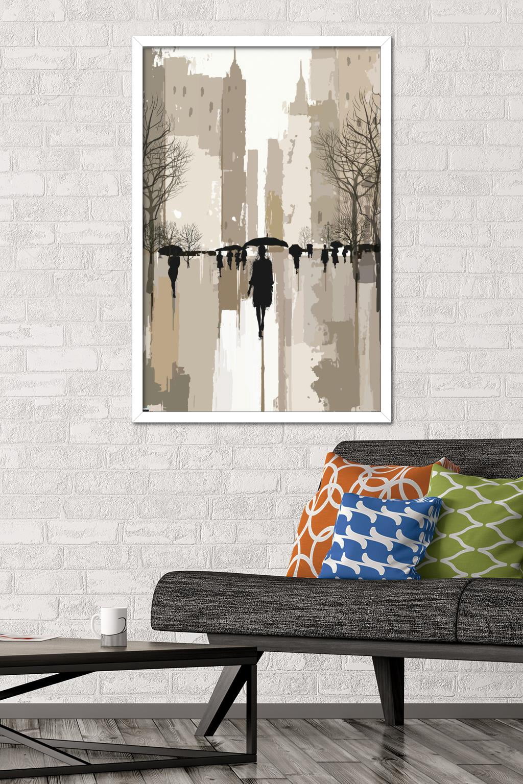 People Under Rain In The City Wall Poster, 22.375" x 34", Framed