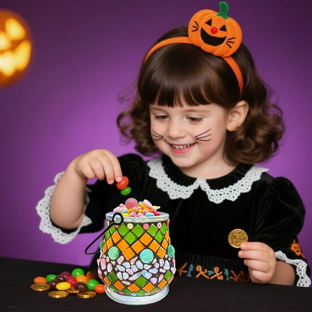 Tarro de Dulces Iluminado de Halloween con Luces (10 Piezas, Incluye Material), Hecho a Mano, Rompecabezas para Padres E Hijos, Regalo de Cristal Brillante, Contiene 30 Ml de Adhesivo.