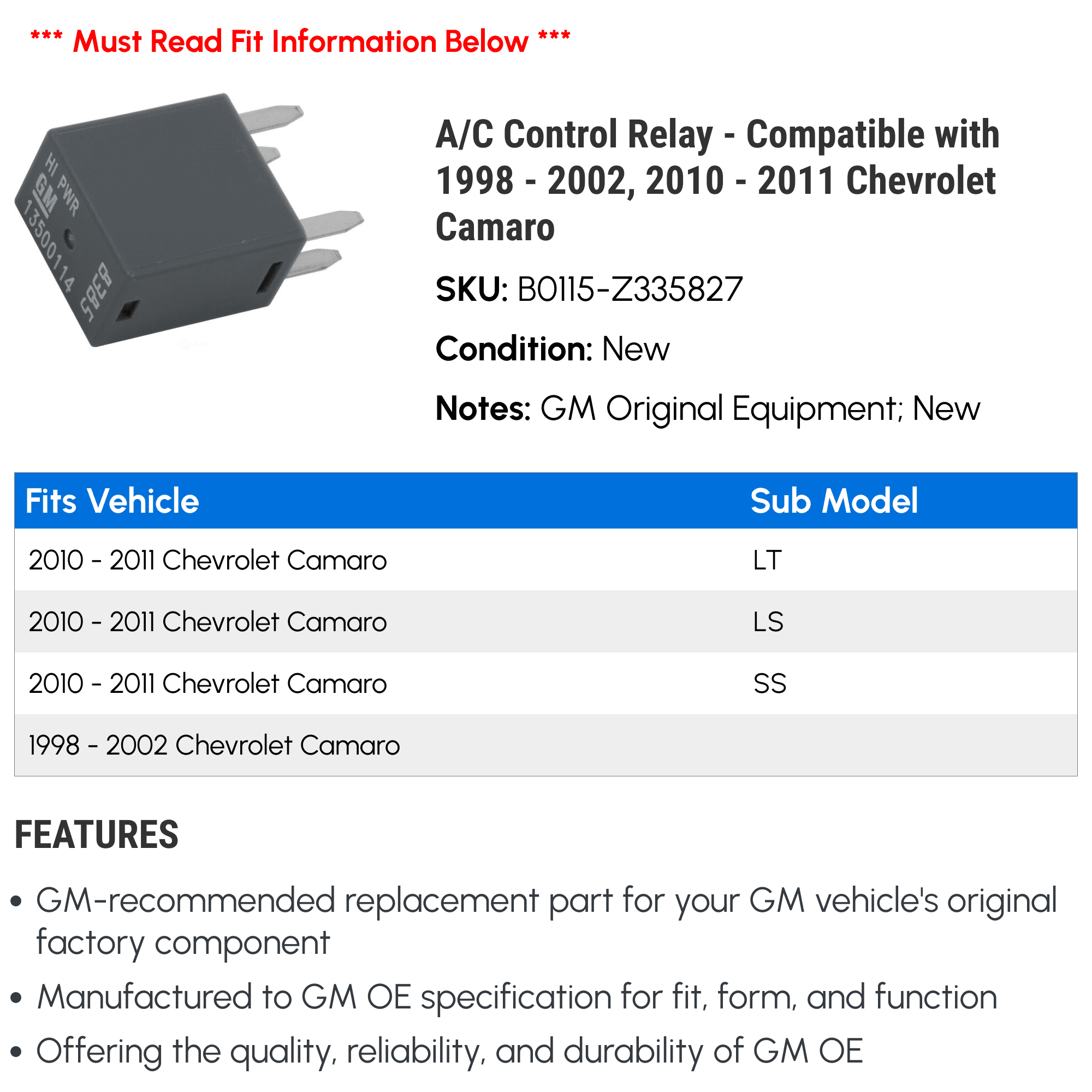 A/C Control Relay - Compatible with 1998 - 2002, 2010 - 2011 Chevy Camaro 1999 2000 2001