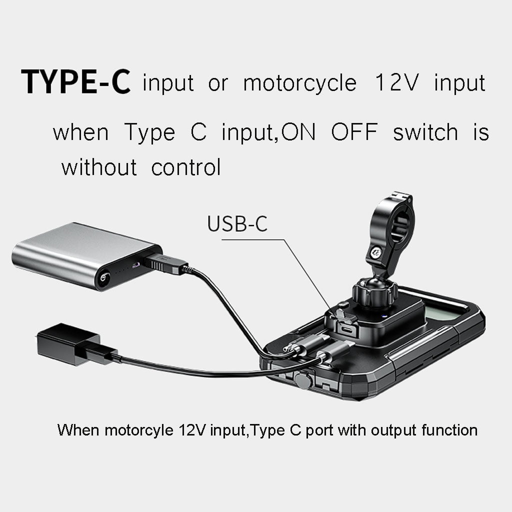 GENEMA Waterproof Case 12V Motorcycle Handlebar or Rear-View Mirror Wireless Charger 15W Qi/ Type C PD Fast Charging Phone Mount Holder Box for 3 to 6.8 inch Cellphones