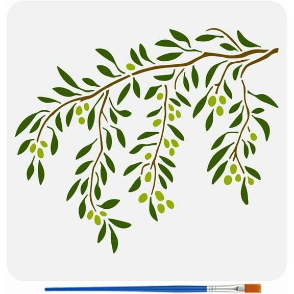 Olive Branch Painting Stencil with 1Pc Plastic Paint Brush 11.8x11.8 inch Reusable Leaves Branch Templates Plant Theme Craft Stencil for Painting on Wood Fabric Walls Furniture