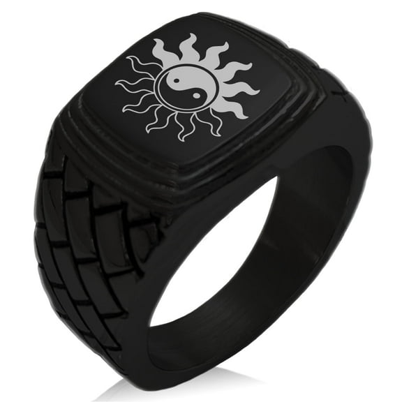 Tioneer Stainless Steel Blazing Sun Yin Yang Geometric Pattern Step-Down Biker Style Polished Ring