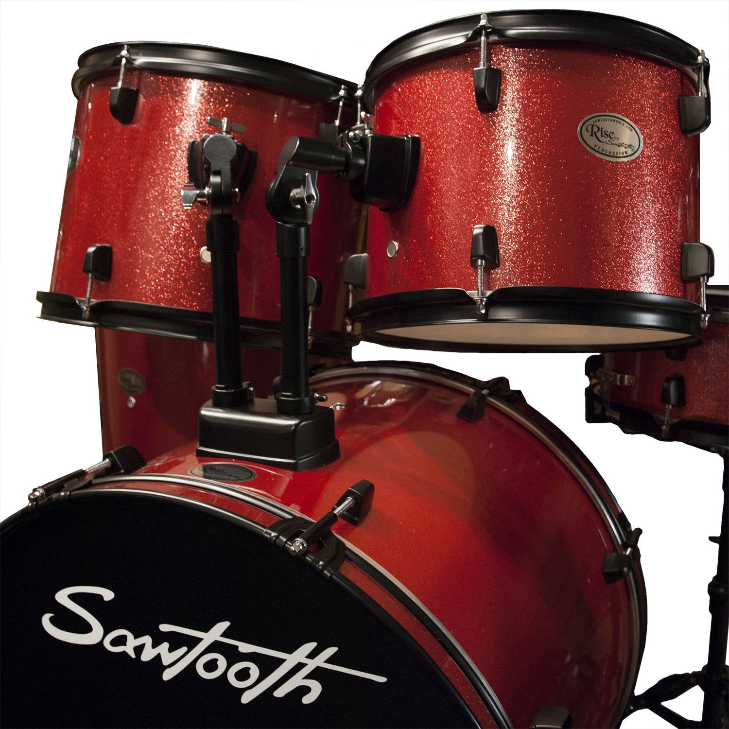 Rise by Sawtooth Full Size 5-Piece Student Drum Set with Hardware and Cymbals, Red Sparkle