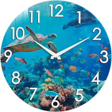 Outdoor Clock Waterproof 12 Inch , Sea Turtle Nautical Coastal Decorative | UV Resistant,Silent Glass Wall Clock for Patio Pool Garden Backyard, Bathroom,Home Decor