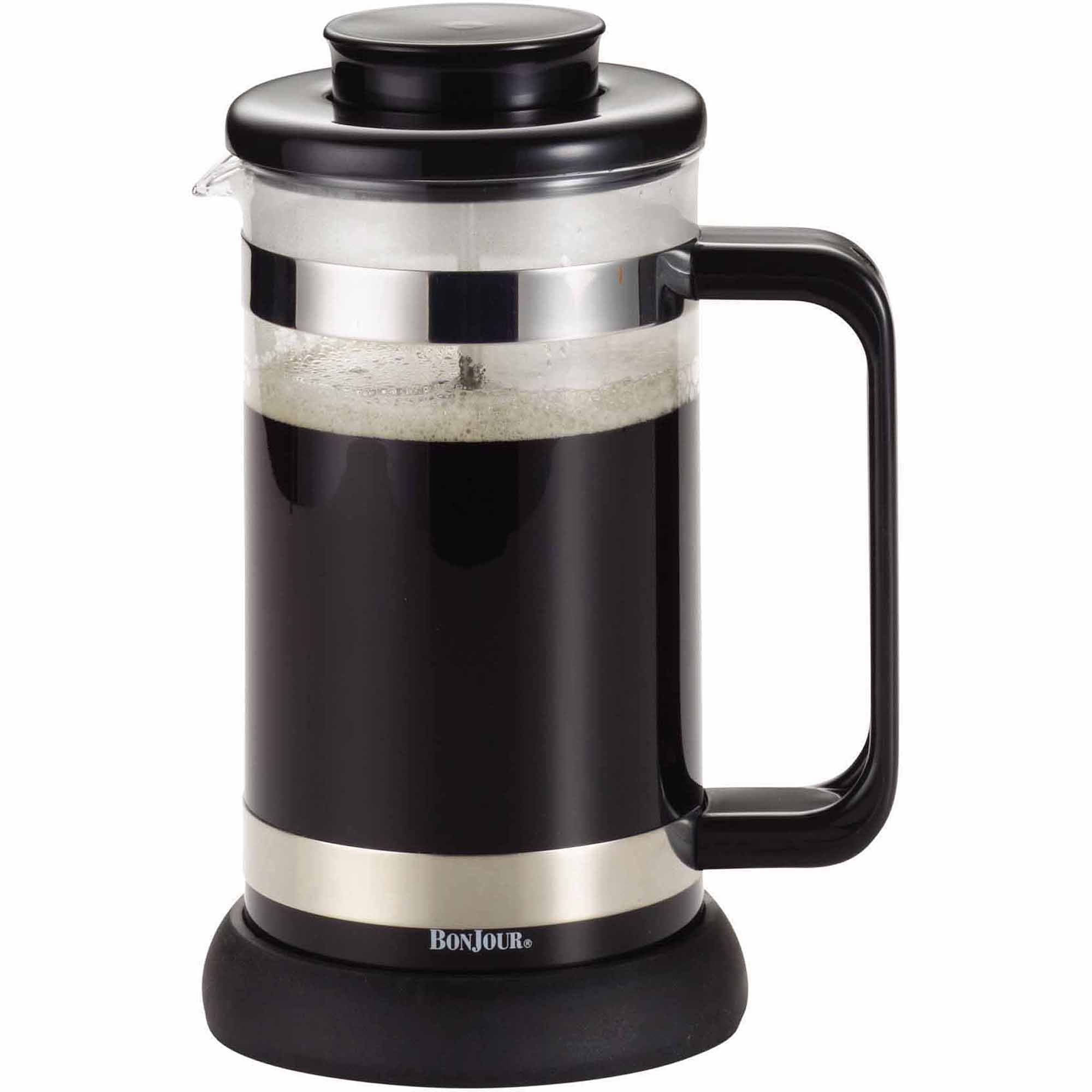 BonJour Coffee Borosilicate Glass French Press with Coaster Scoop 33.8 Ounce Riviera Black