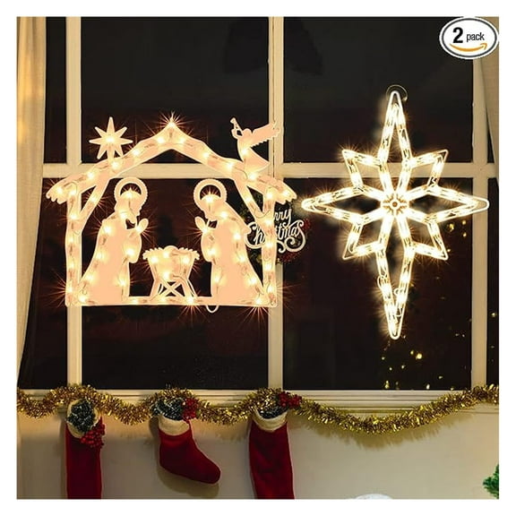 Christmas Window Lights Decorations 2 Pack - 50L 19'' Nativity & Bethlehem Star - Indoor/Outdoor Holiday Lights for Home, Wall, Patio