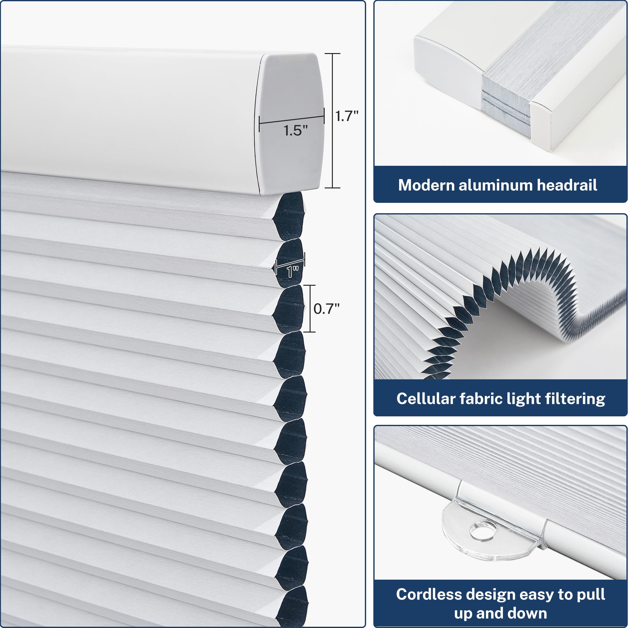 Keego Cordless Cellular Shade for Windows Insulated Mini Blinds for Room Darkening Blackout White, 44"W x 84"H
