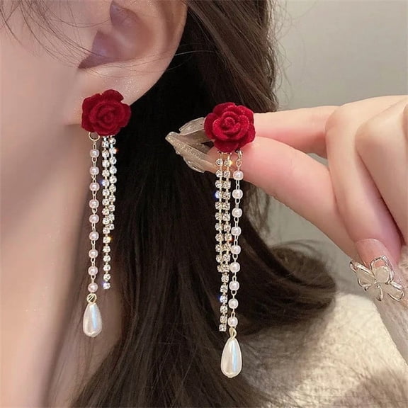 Tassel Dangle Red Rose Stud Earrings Faux Pearl Accents for Women