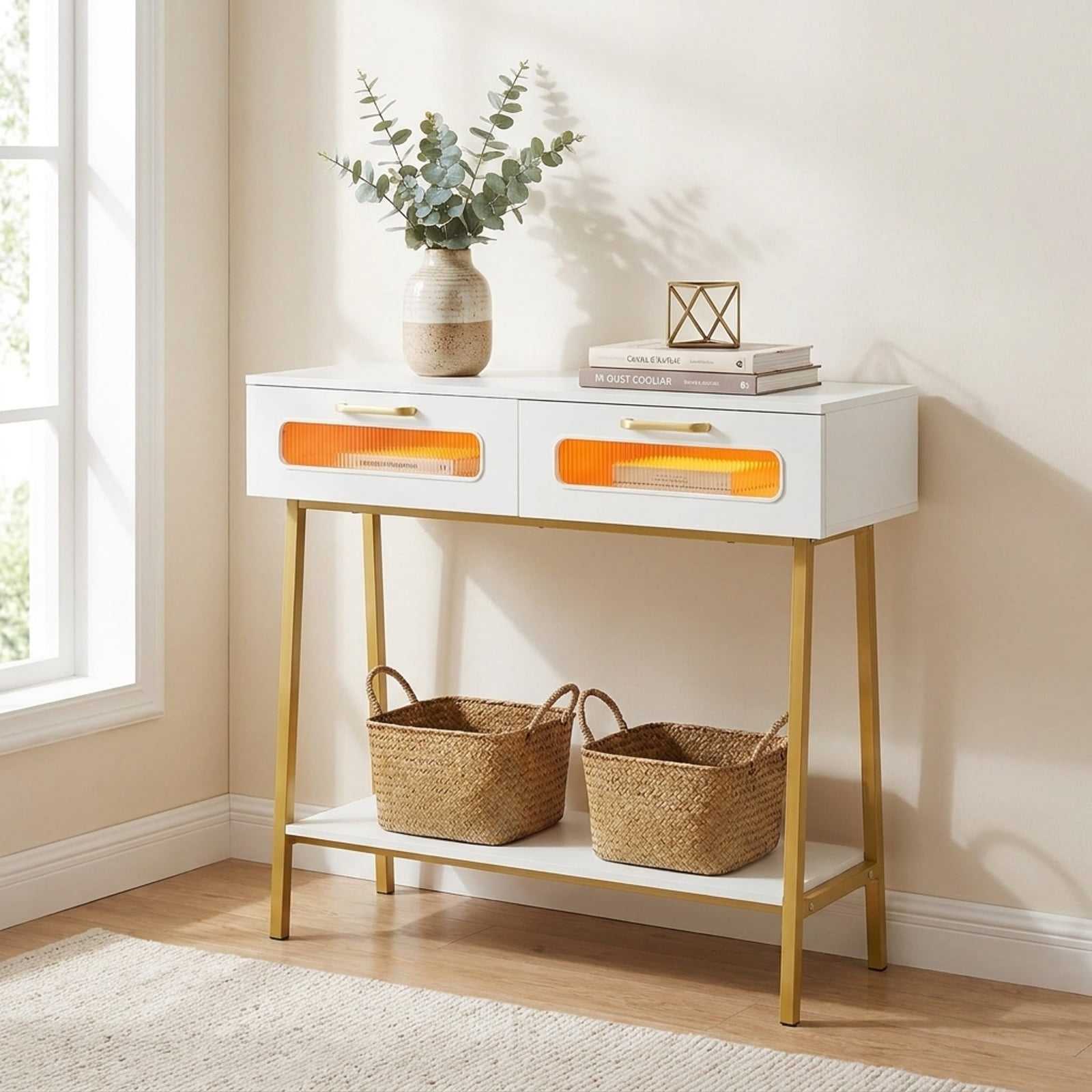 Furnibear Console Table with LED Lights and Open Shelf Entryway Table with 2 Drawers for Living Room Hallway Entrance Sofa, White