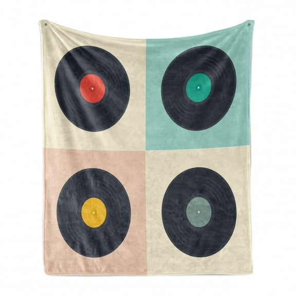 Muted Colors Soft Flannel Fleece Throw Blanket, Music Themed Pastel Pop Art Influenced Record Discs in Squares Pattern, Cozy Plush for Indoor and Outdoor Use, 50" x 70", Multicolor, by Ambesonne