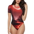 thumbnail image 1 of Saiise Motif Lave de Lune Rouge Combinaison à Manches Courtes pour Femmes Col Rond Pyjama Justaucorps Extensible avec Fermeture à Pression-Petit, 1 of 7