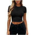 thumbnail image 2 of Axiiglly Black T Shirts for Women Summer Short Sleeve Stretch Crewneck Cropped Tee Fashion Slim Casual Basic Tops XL, 2 of 6