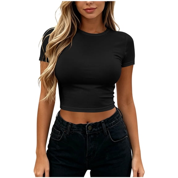 yillto Women Crop Tee Top Going out T Shirts Crew Neck Basic Shirt Casual Summer Slim Solid Color Tees