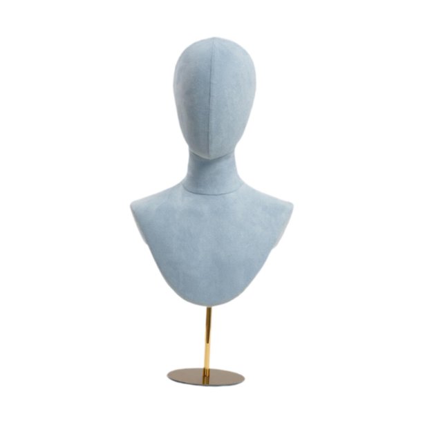 Cabeza de maniquí práctica y moderna con altura ajustable para exhibición de sombreros de mesa. Azul