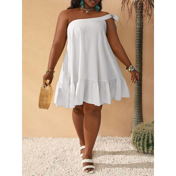 White One Shoulder Ruffle Hem A-Line Boho Summer Beach Dress For Women