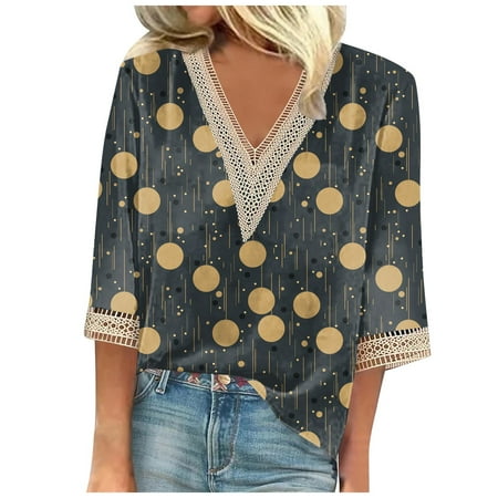 IYYVV Blouses Plus Size Women Dress Casual 3/4 Sleeve Hollow Out V Neck Womens Lace Dressy Tops Bohemia Flowy Corset Top Half Sleeves Women s T Shirts Hide Belly Work Blouses for Women Gold M