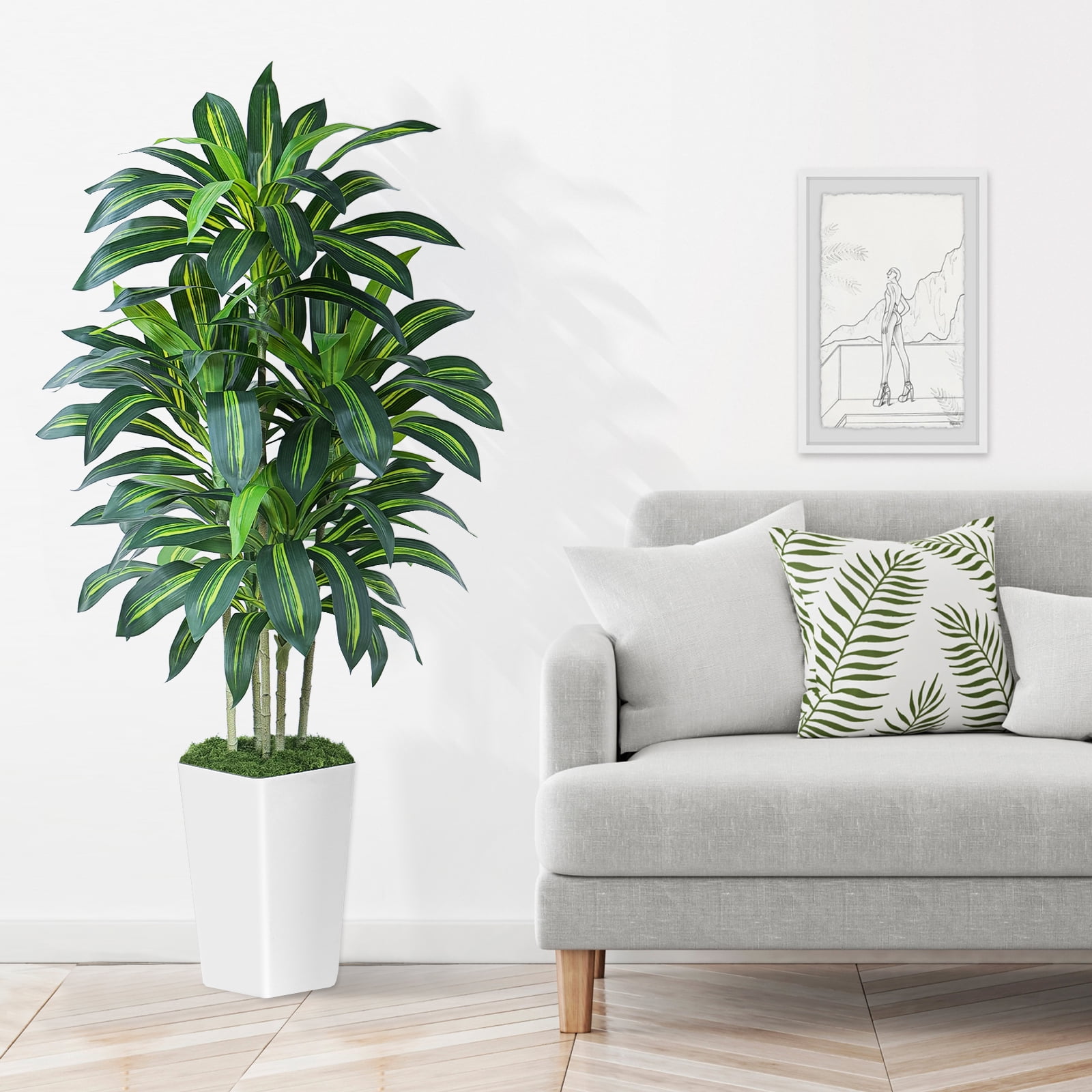 Keeplush 5FT Artificial Dracaena Tree with White Tall Planter - High-Density Silk Faux Yucca Fake Tree for Indoor Home Office Decor, Large Tall Artificial Floor Plant (150cm/5ft)