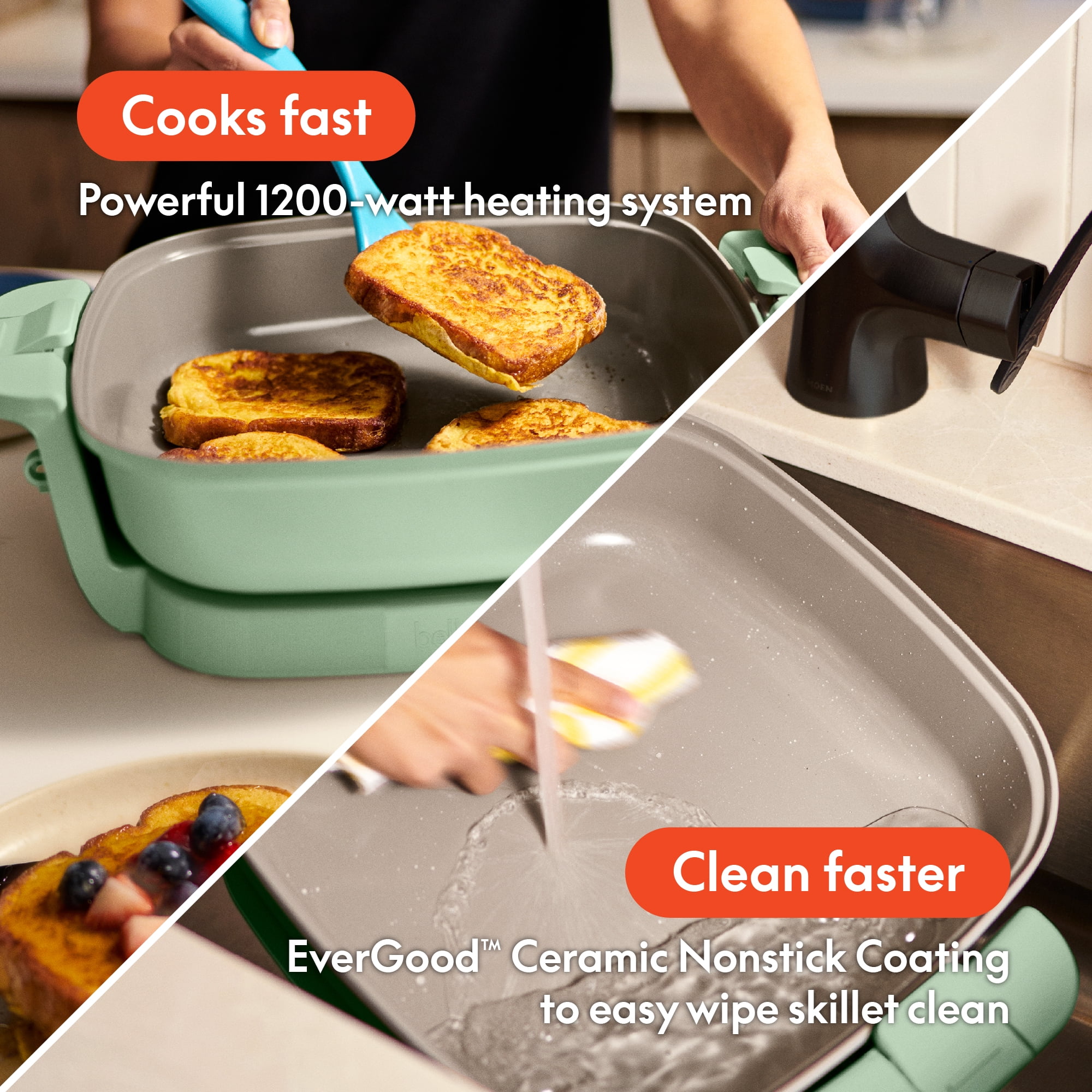 bella 12" Make & Take Electric Skillet with EverGood™ Ceramic Nonstick Coating, Adjustable Temperature, Dishwasher-Safe Glass Lid, Seaglass