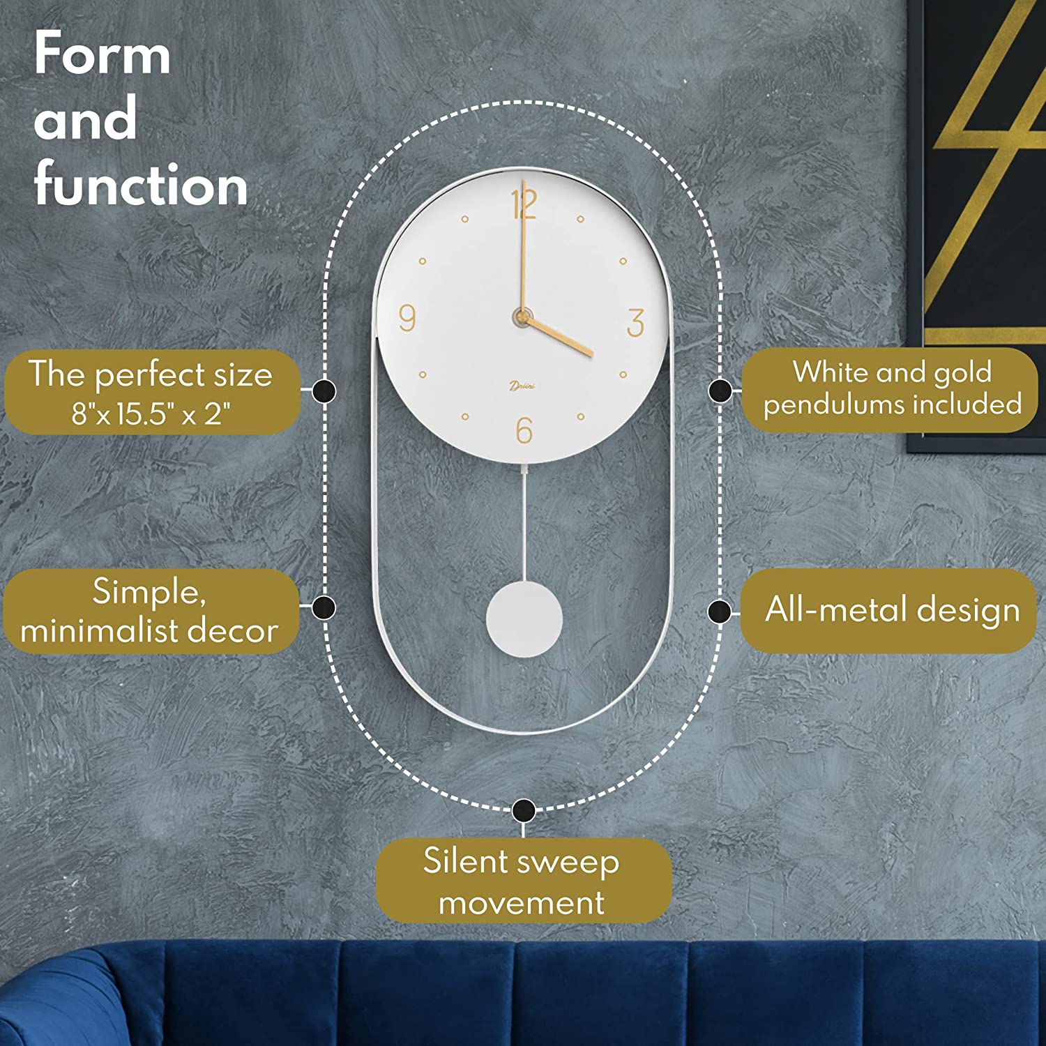 Driini Modern Pendulum Wall Clock - Decorative and Unique Metal Frame, with 8 Inch Face - Contemporary, Minimalist Design, with Silent Non Ticking Operation - Includes Both White and Gold Pendelum