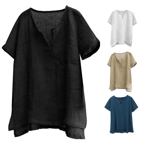 WERYOUNG Mens T-Shirts Casual Summer Plain Short Sleeve Cotton Linen T Shirts Stand Collar Button V Neck Beach Shirts Soft Top L