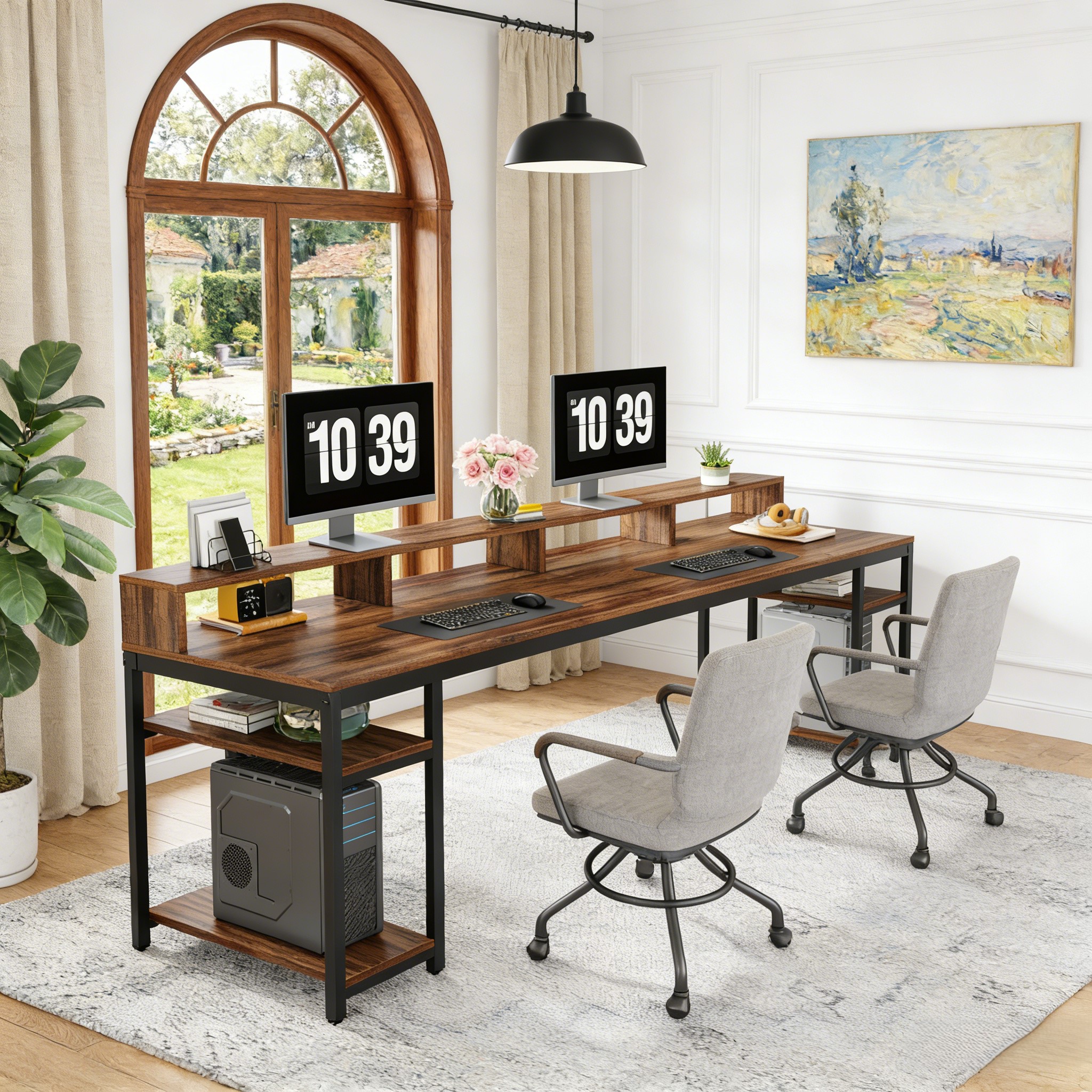 Fnova 78.74" Long Computer Desk with Monitor Stand and Storage Shelves, Industrial Home Office Writing Desk for 2, Brown