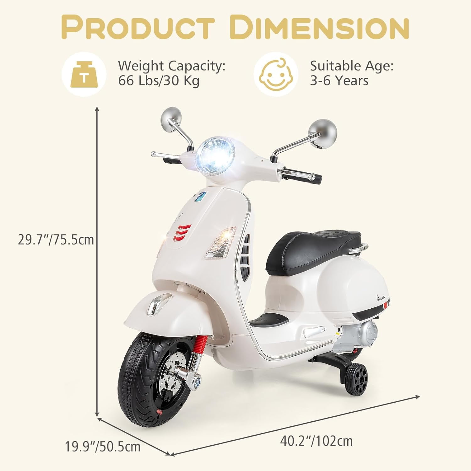 Licensed Vespa 12V Kids Motorcycle by OLAKIDS with Training Wheels, Music, Story, Horn, Lights for 3-6 Years