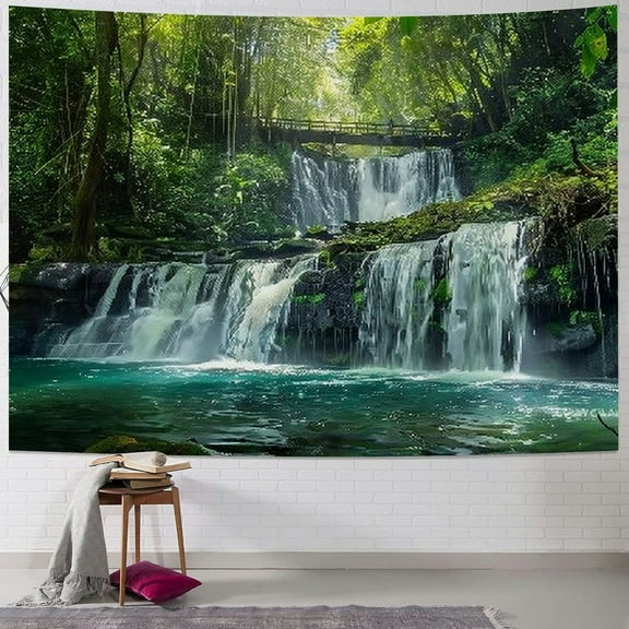 Fenyluxe  Waterfall Tapestry Forest Lake Natural Tropical Rainforest Green Jungle Tree Plant Mossy Summer Rocks Scenery Home Decor Wall Hanging Art for Living Room Bedroom Dorm 40x30inch