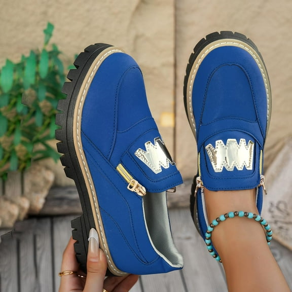 Roncen Women's Retro Suede Leather Casual Loafers - Round Toe Side Zipper Slip-On with Chunky Platform Mid Heel for Everyday Comfort