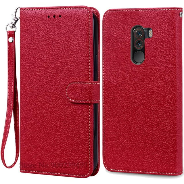 For Xiaomi Pocophone F1 Case Shockproof Wallet Flip Case For Poco F1 Cover Xiaomi Mi Poco Phone F1 Poko F1 PocoF1 Phone Cases Dark Red-Strap Pocophone F1-Poco F1