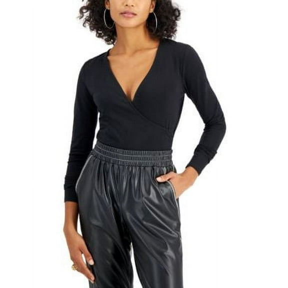 Self Esteem Juniors' Surplice-Neck Bodysuit, Black, Size Medium