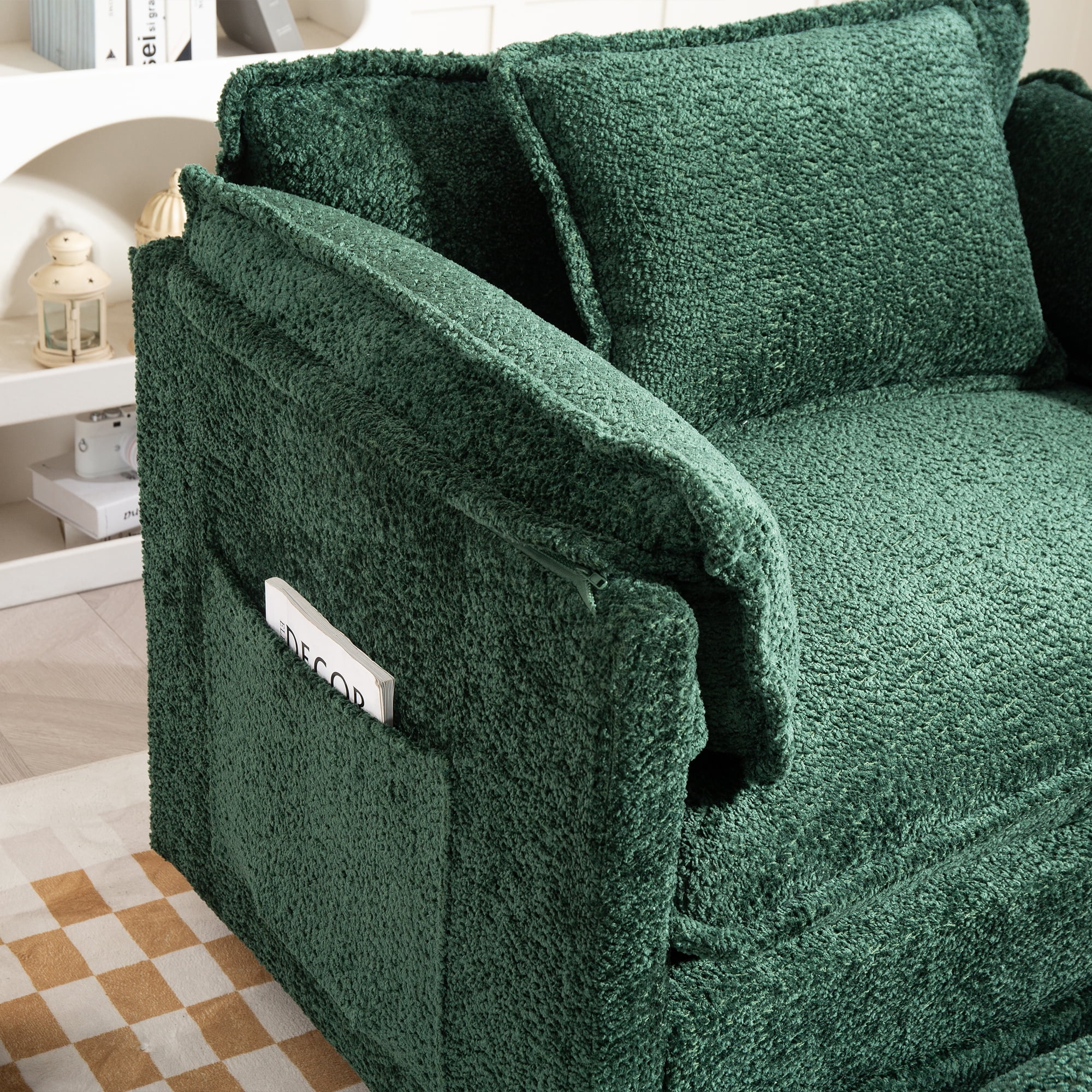 Miniyam 55" x 39.76" Premium Oversized Boucle Sofa Bed with Ottoman & Side Pocket, Single Sofa, Double Cushion & Thick Wrapping Armrests, Dark Green