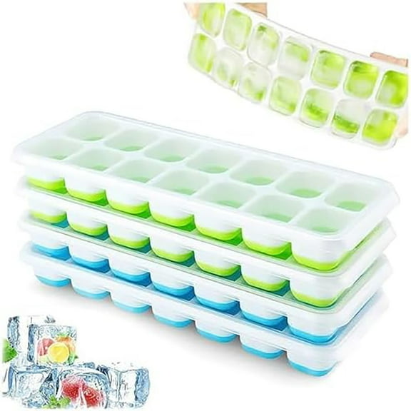 4 PCS Stackable Silicone Ice Cube Trays - 14-Cube Easy Release Design with Snap-On Lid for Freezer, Cocktails & Beverages, Flexible BPA-Free Mold.