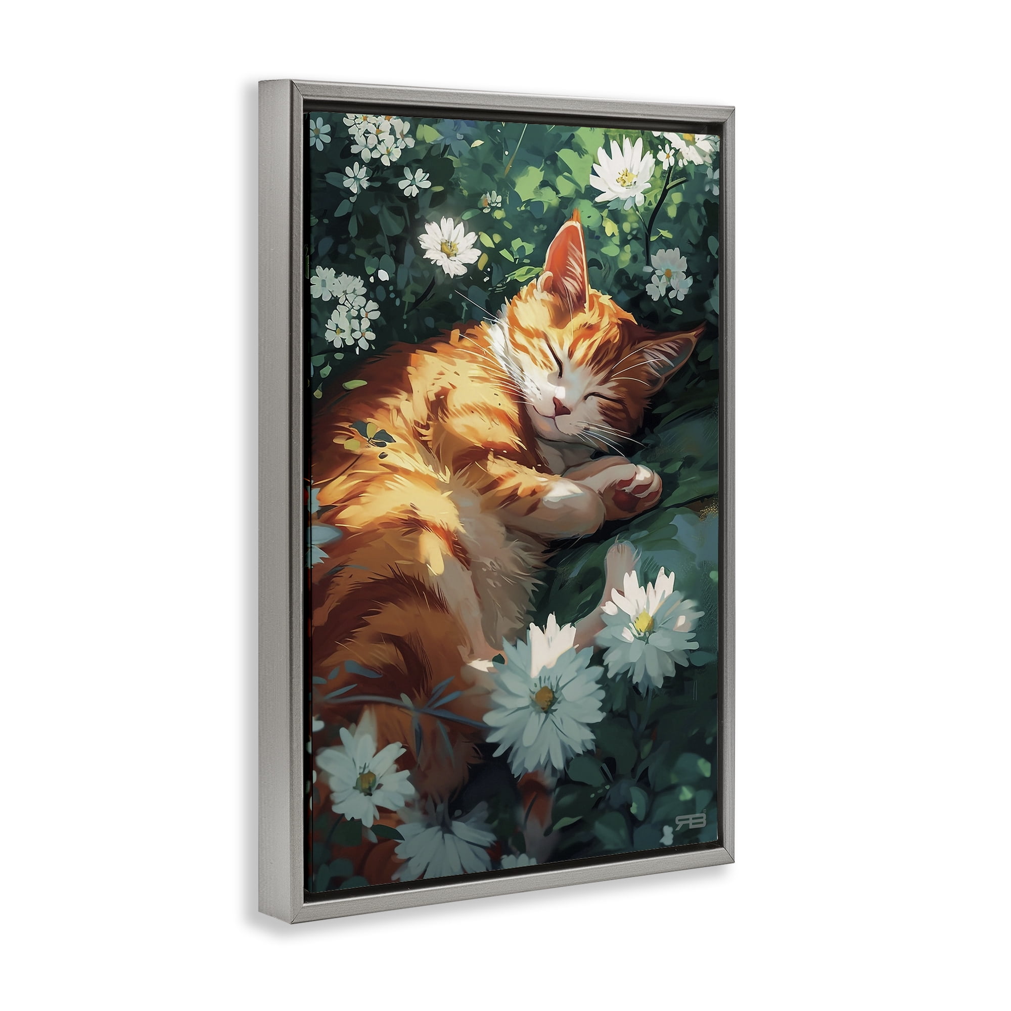 Stupell Industries Cat Sleeping in Meadow Animals & Insects Painting Gray Floater Framed Canvas Art Print Wall Art, 21 x 31