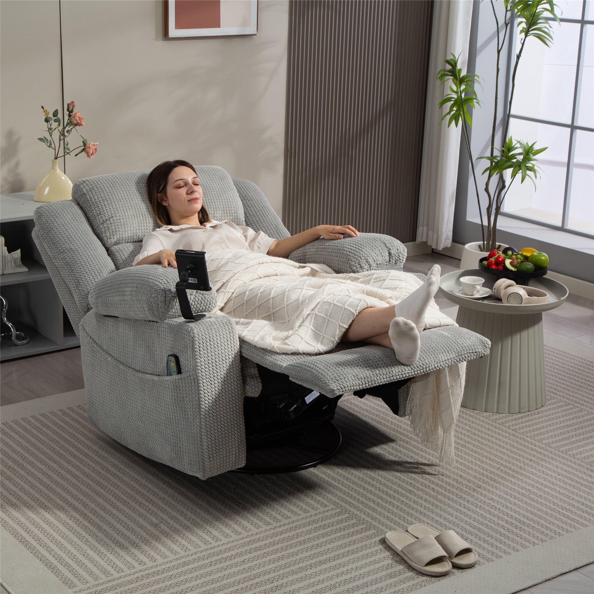 LITVZ Power Oversized Swivel Rocker Recliner with Adjustable Headrest, Dual Motor Glider Nursery Rocking Chair with Vibration Heat, USB A&C Ports, Armrest Storage, Cup Holder for Adults