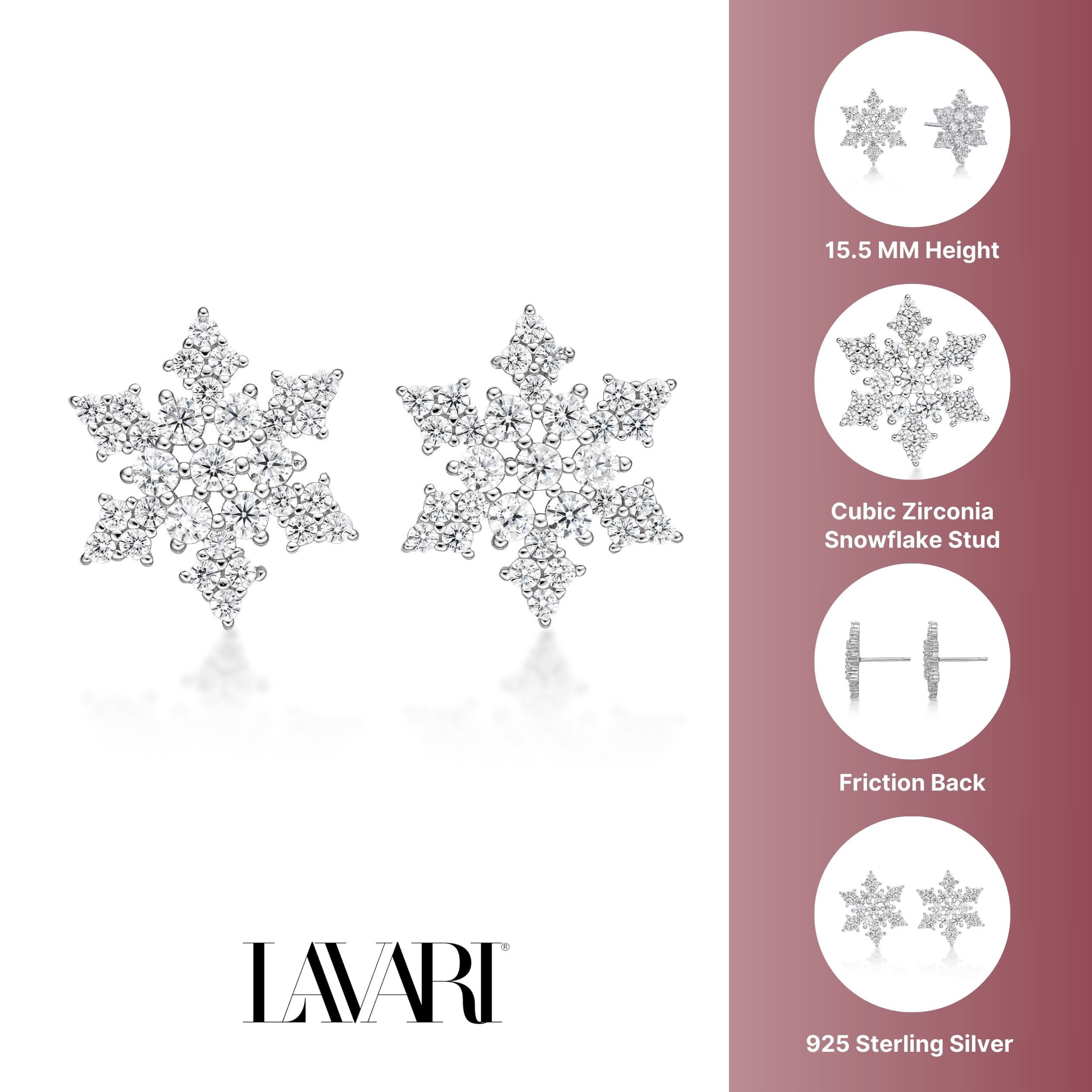 925 Sterling Silver Cubic Zirconia Snowflake Stud Earrings Post with Friction Back 13 mm